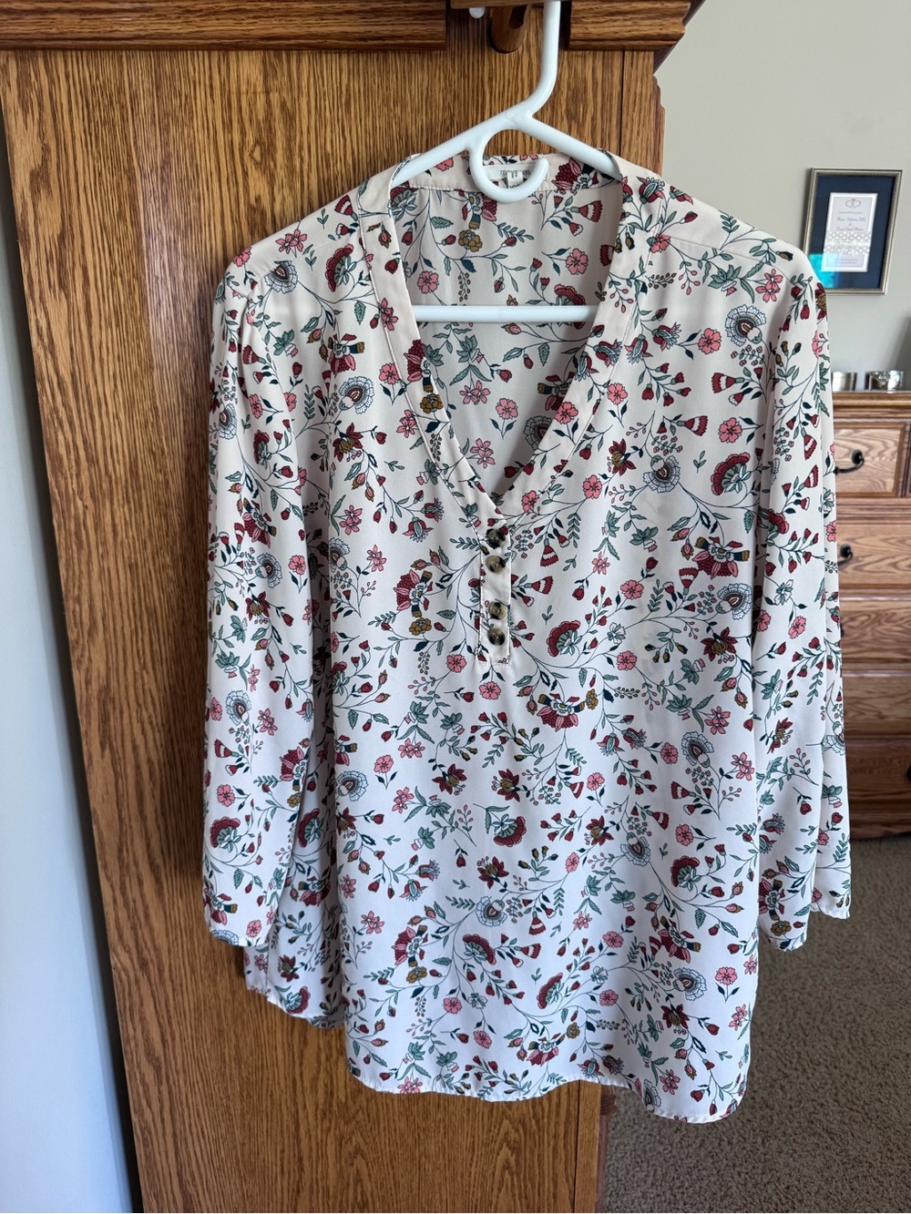 Maurices Light Pink Floral V-Neck Buttoned Blouse with Red and Green Accents